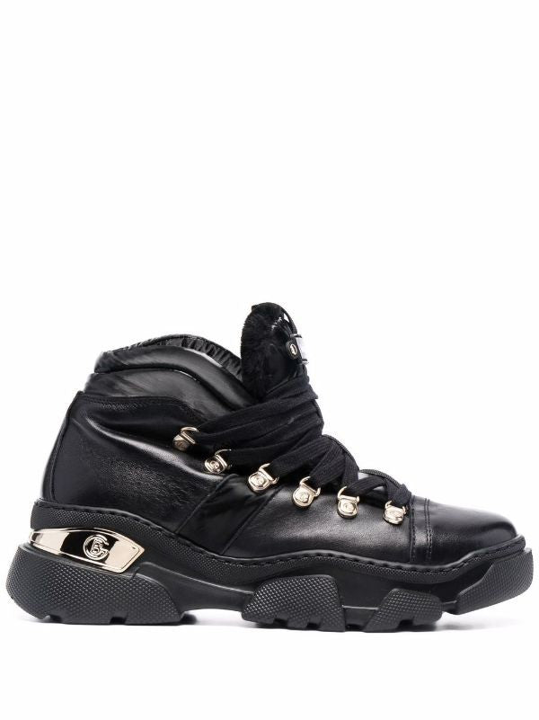 Baldinini Chunky-Soled Black Leather Ankle Boots With Padded Collar And Metallic Accents