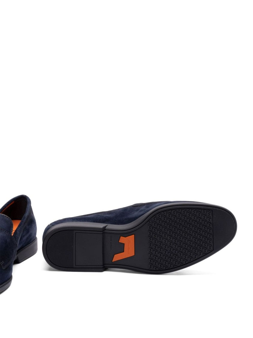 Santoni Navy Blue Almond Toe Moccasins