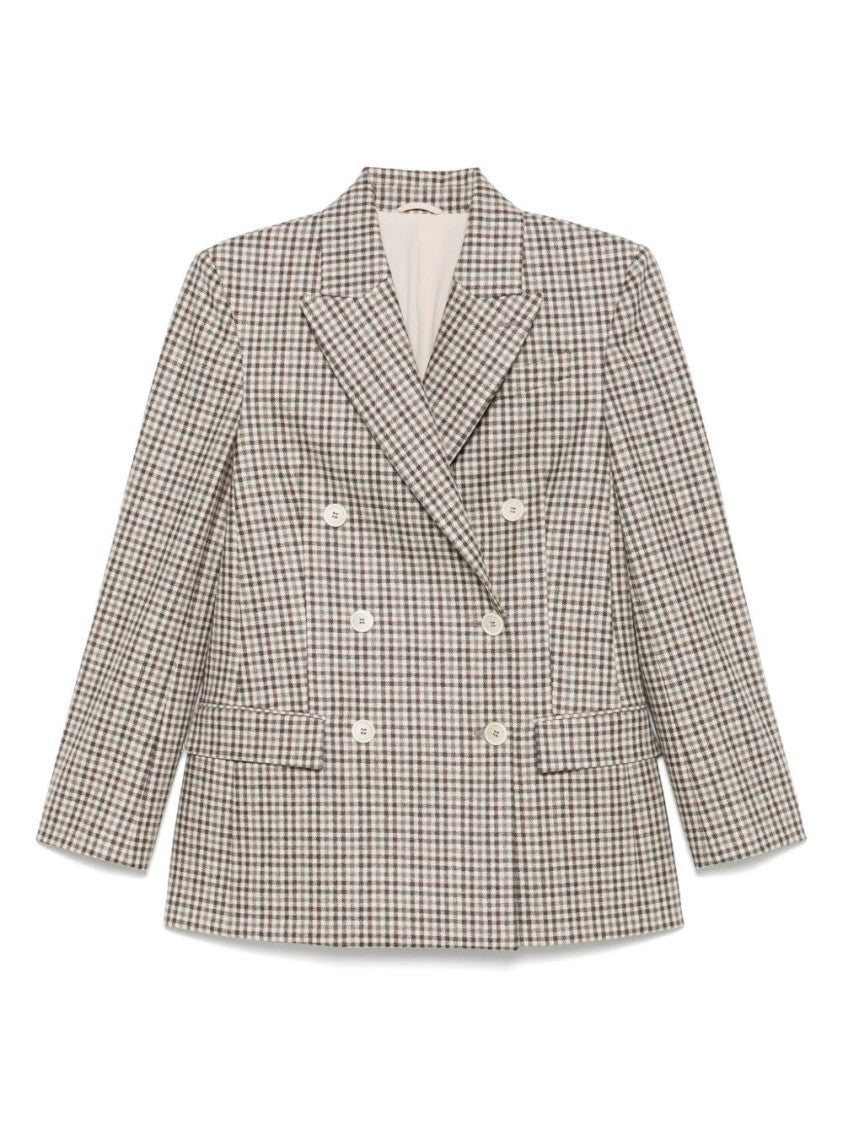 Brunello Cucinelli Beige Checkered Wool Blazer With Double-Breasted Front