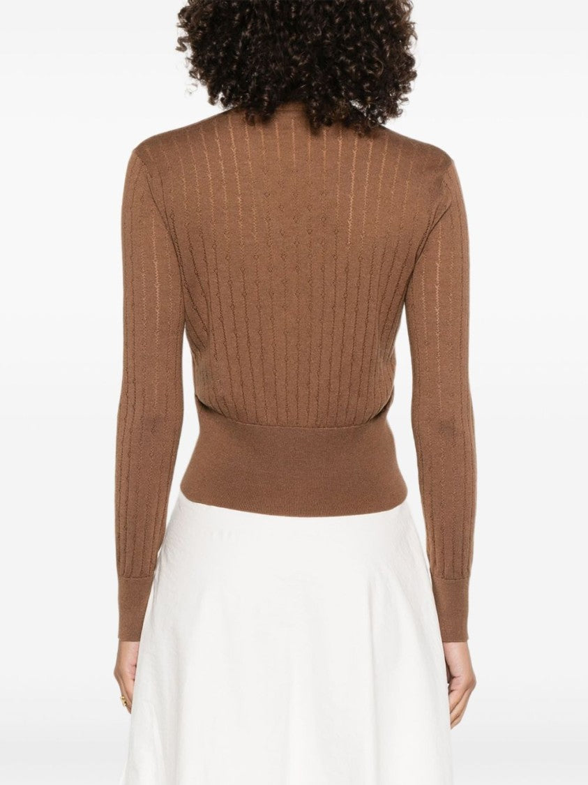 Max Mara V-Neck Brown Sweater With Embellished Detailing