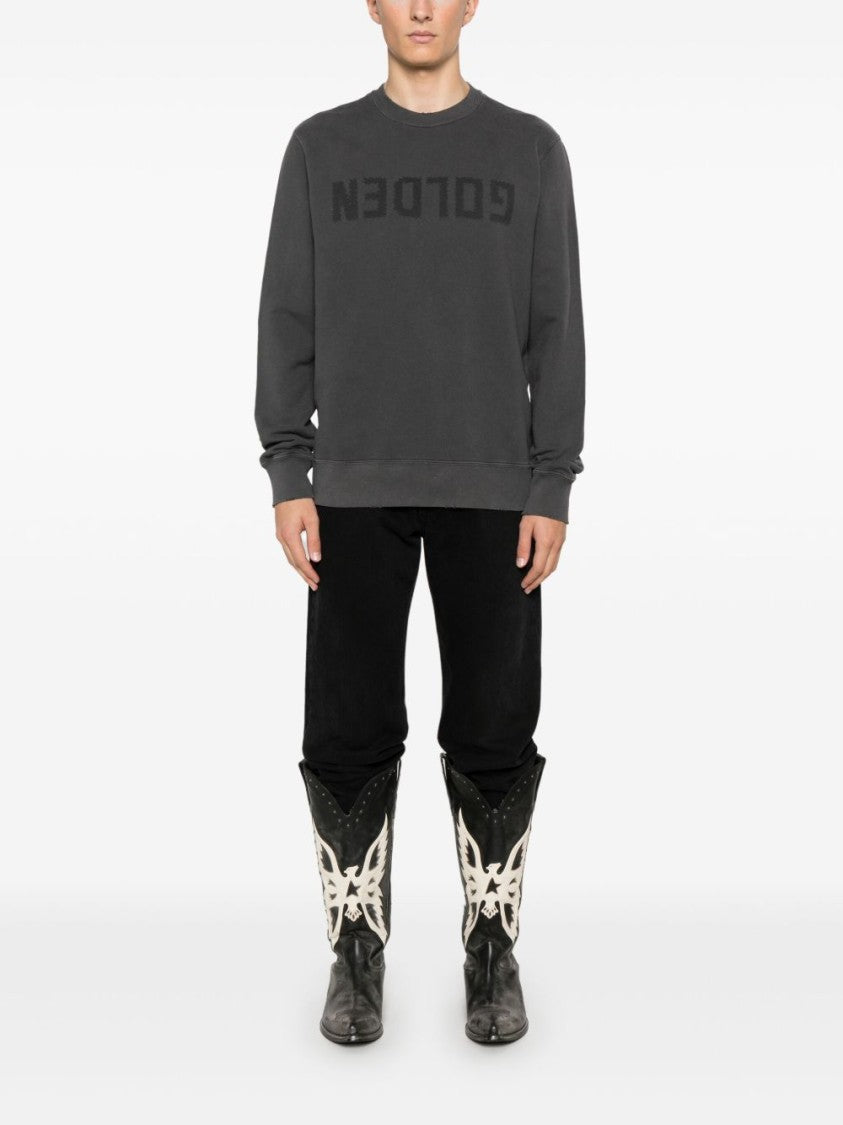Golden Goose Distressed Grey Cotton Jersey Sweatshirt With Ribbed Trim