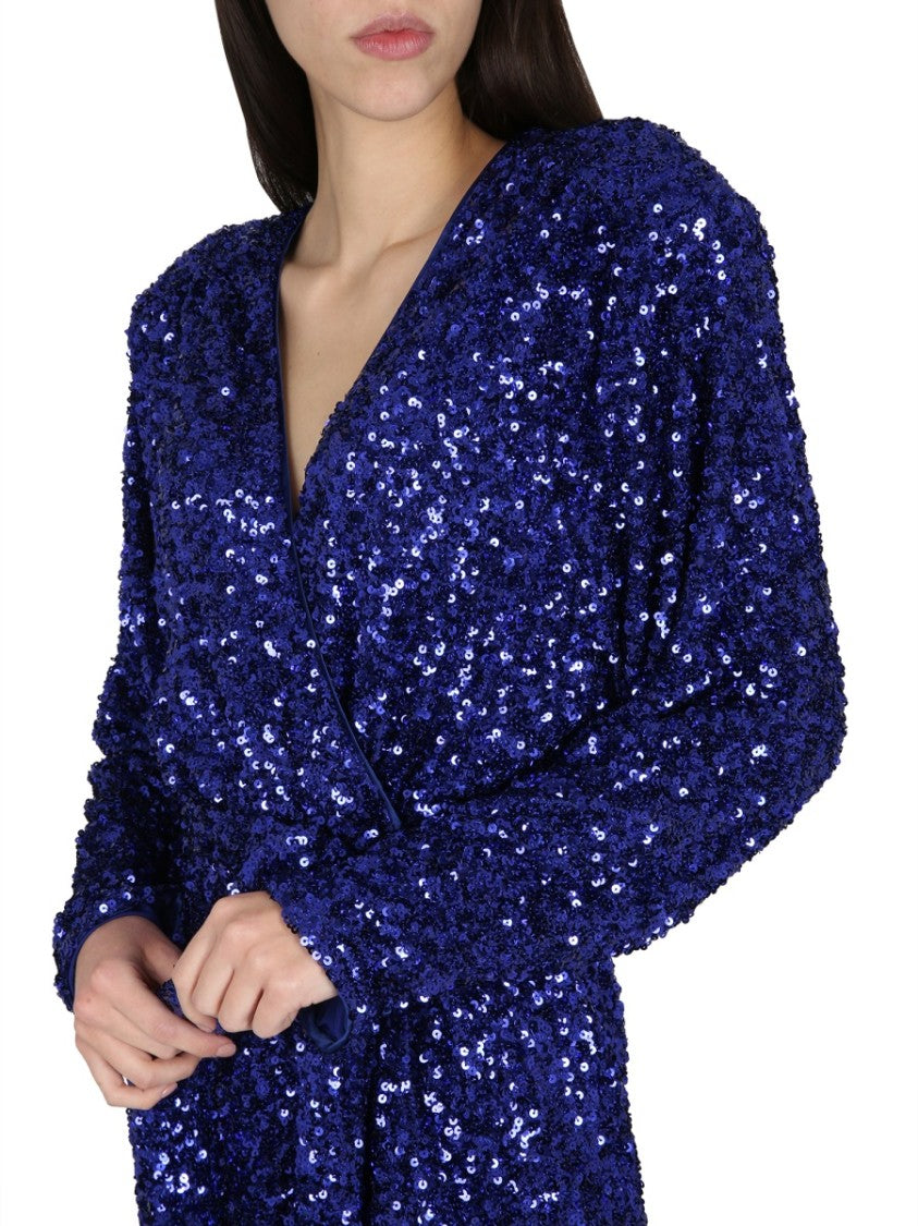 Rotate Deep V-Neck Sequined Evening Dress With Adjustable Belt
