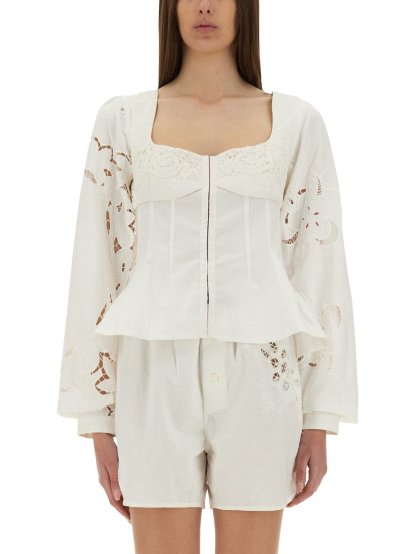 Marine Serre Fitted White Top With Square Neckline And Floral Embroidery