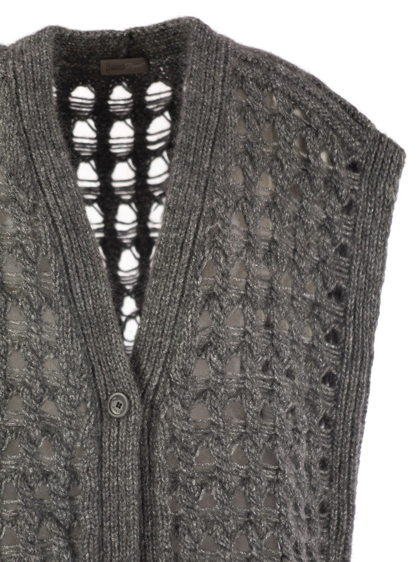 Herno Long Openwork Cardigan With V-Neck And Ribbed Edges