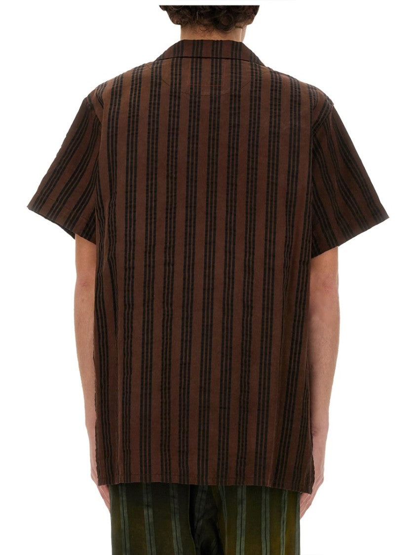 Uma Wang Striped Shirt With Oversized Collar And Textured Fabric