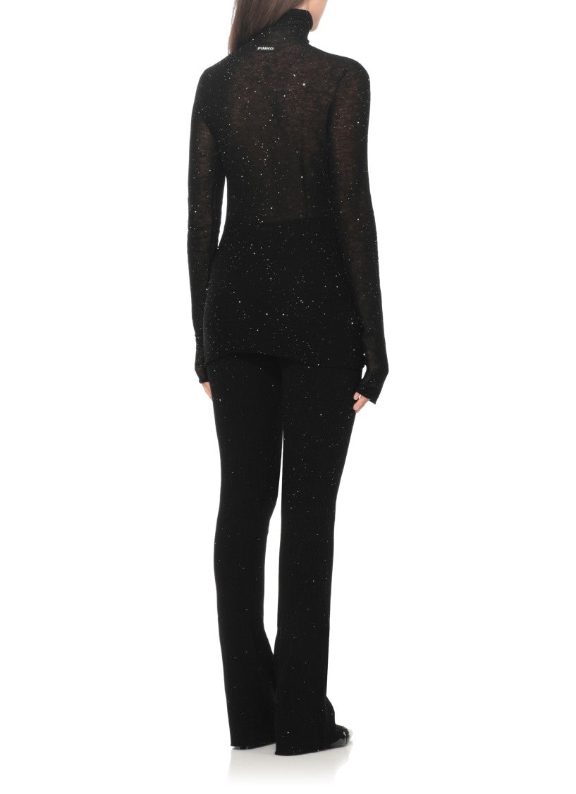 Pinko High Neck Black Wool Sweater With Micro Paillettes