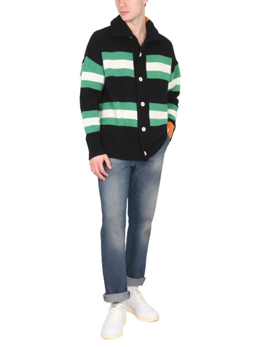 Right For High Neck Button Closure Striped Cardigan