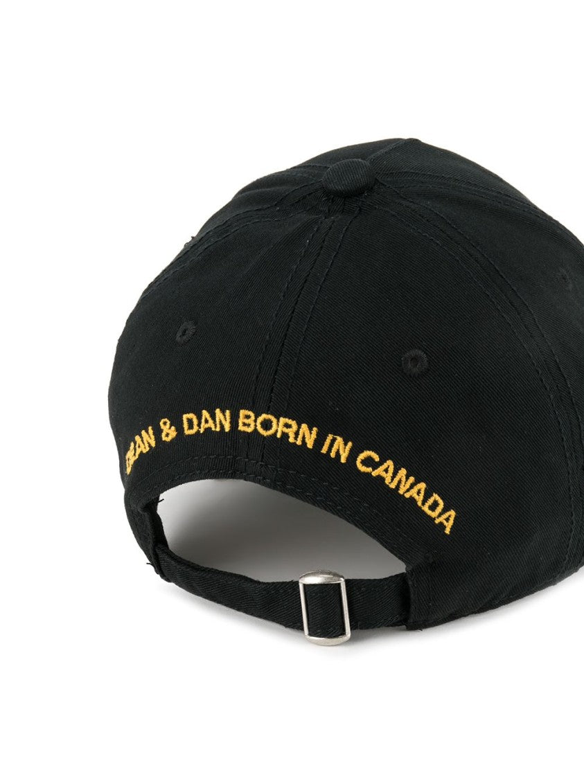 Dsquared2 Black Cotton Cap With Distressed Finish And Icon Motif