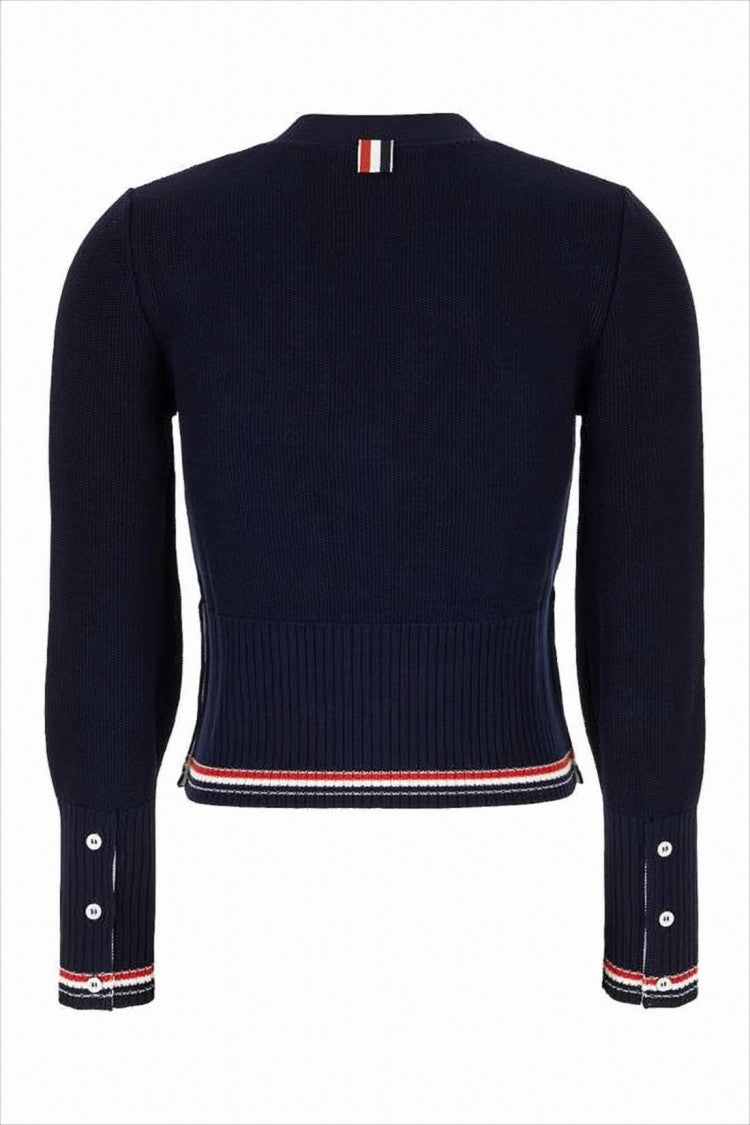Thom Browne Cropped V-Neck Cardigan With Ribbed Texture And Tricolor Accents