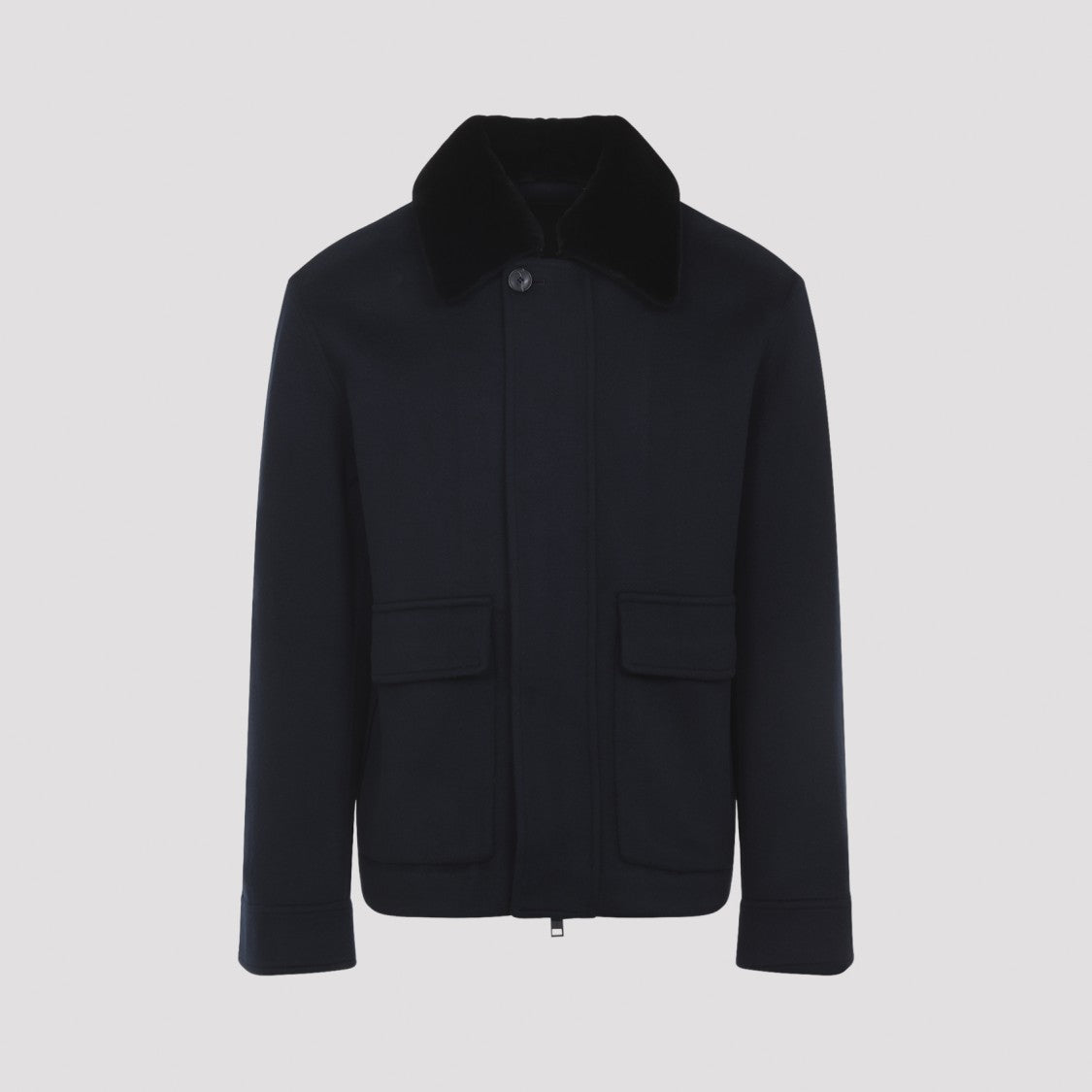 Yves Salomon Structured Black Leather Jacket With Plush Collar And Concealed Closure