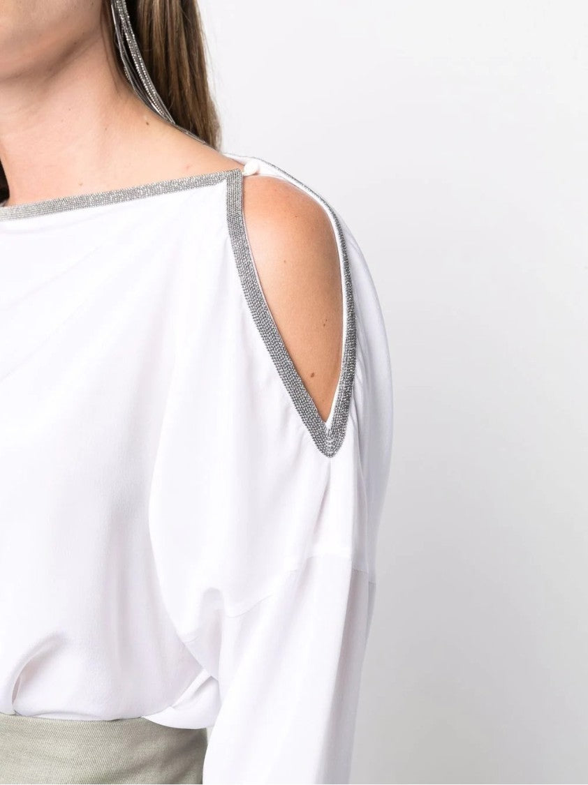 Brunello Cucinelli White Silk Long Sleeve Boat Neck Sweater