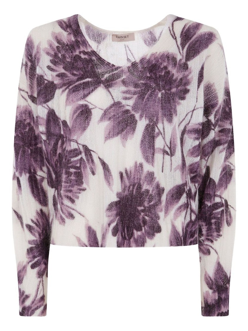 Twin-Set Cropped Sweater With Floral Pattern And Textured Finish