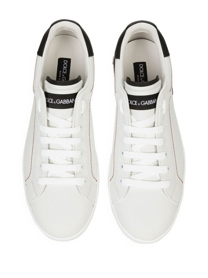 Dolce & Gabbana White Calf Leather Sneakers With Logo Patch And Round Toe