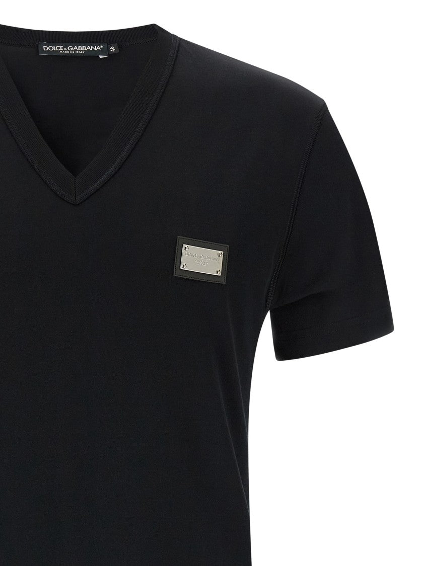 Dolce & Gabbana Black Cotton T-Shirt With Leather Patch