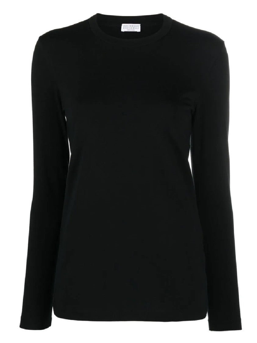 Brunello Cucinelli Fitted Black Girocollo Sweater In Soft Cotton-Blend