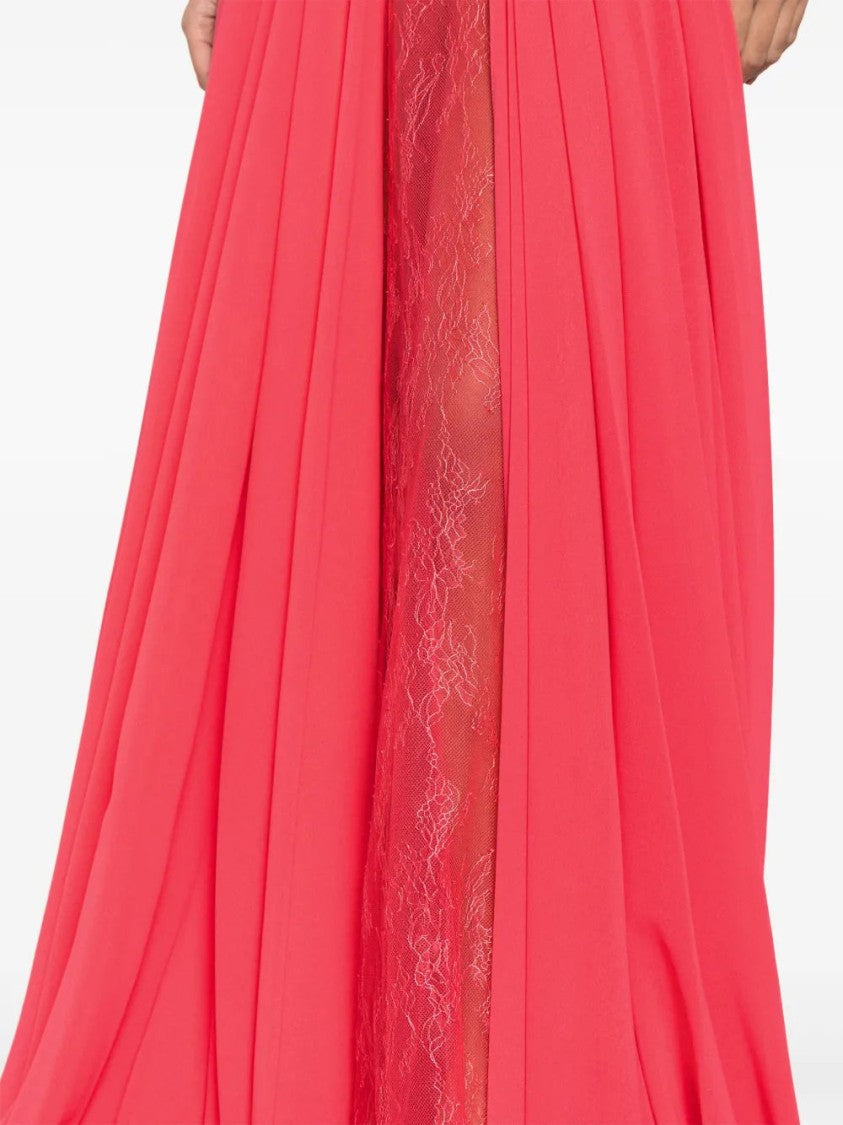 Saiid Kobeisy Red Eyelet Detail Full-Skirt Dress With Deep V-Neck