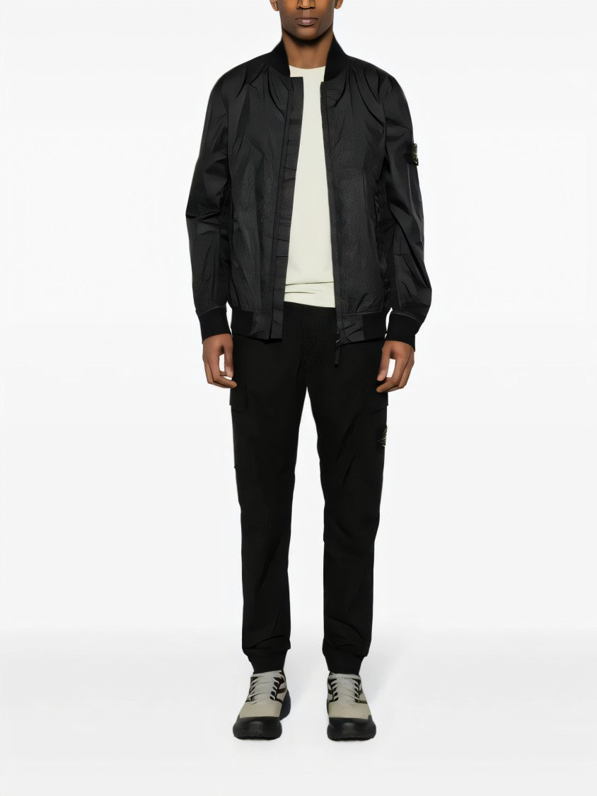 Stone Island Black Leather Jacket With Zip Front And Logo Patch