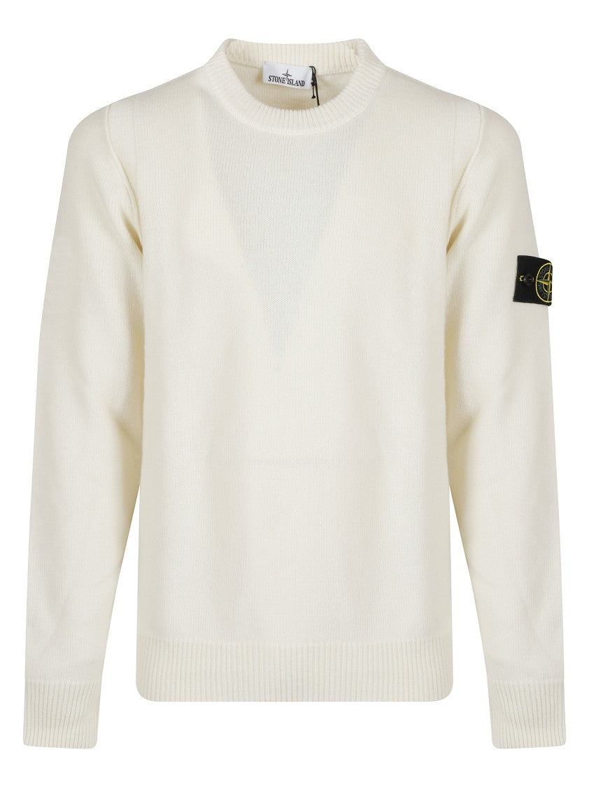 Stone Island Textured Knit Ivory Sweater With Logo Patch