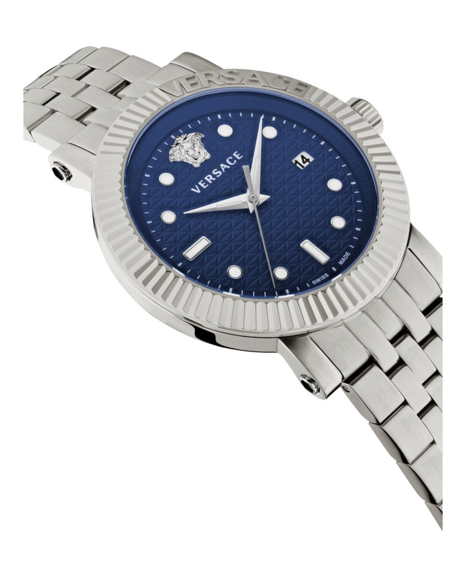 Versace Classic Date Quartz Watch With Blue Guilloche Dial