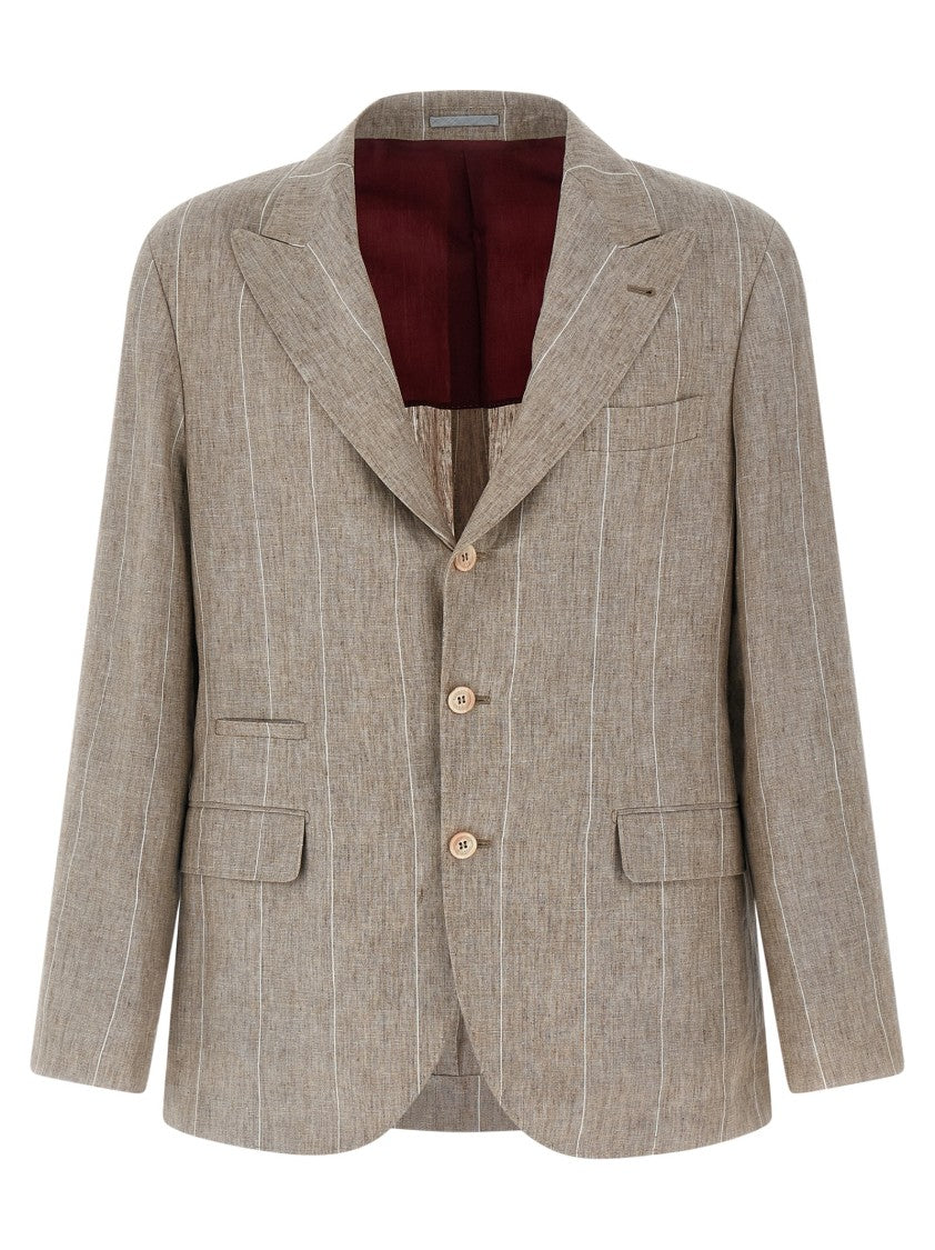 Brunello Cucinelli Striped Linen Single-Breasted Blazer With Double Back Split