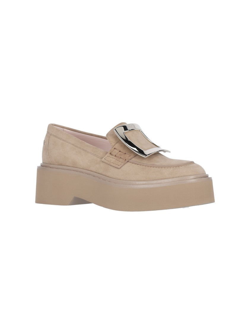 Roger Vivier Suede Beige Slip-On Moccasins With Silver Buckle Detail