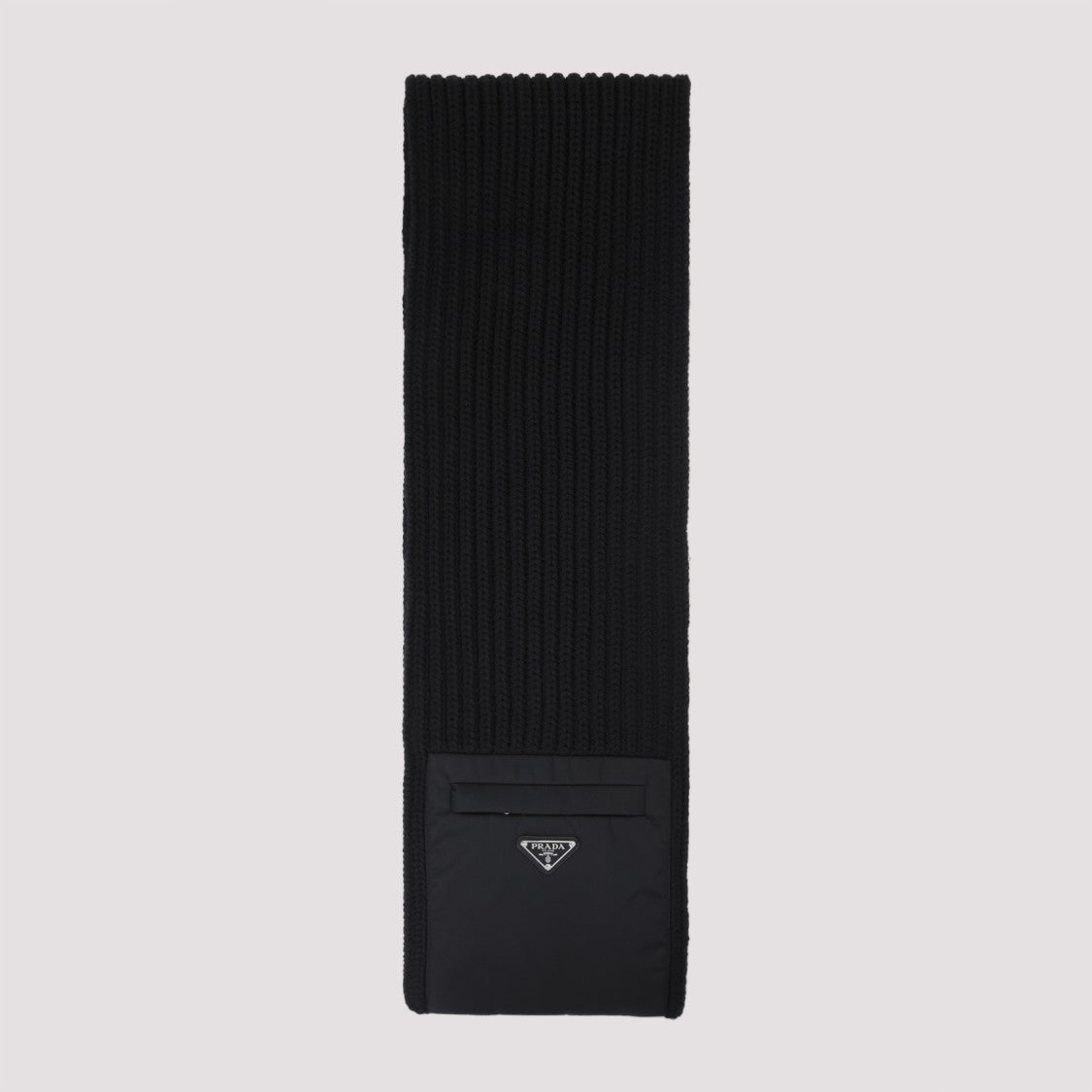 Prada Textured Knit Black Wool-Cashmere Scarf With Logo Pocket