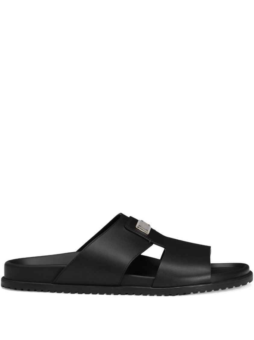 Dolce & Gabbana Logo-Embellished Black Leather Sandals With Moulded Footbed