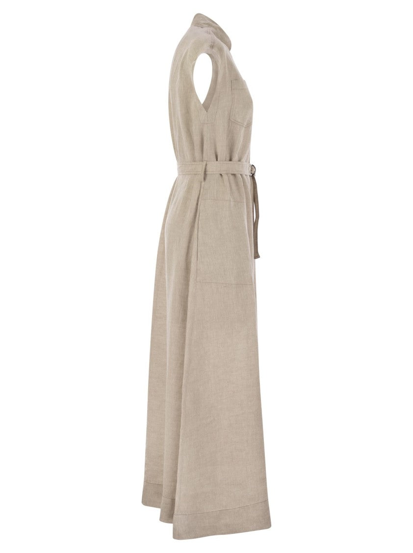 Brunello Cucinelli Dress In Linen With Shiny Collar