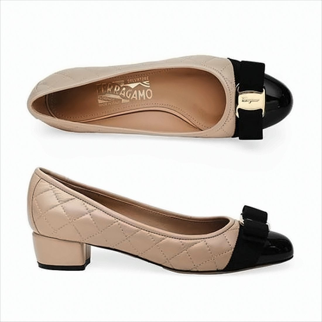 Salvatore Ferragamo Quilted Lambskin Pumps With Glossy Cap Toe