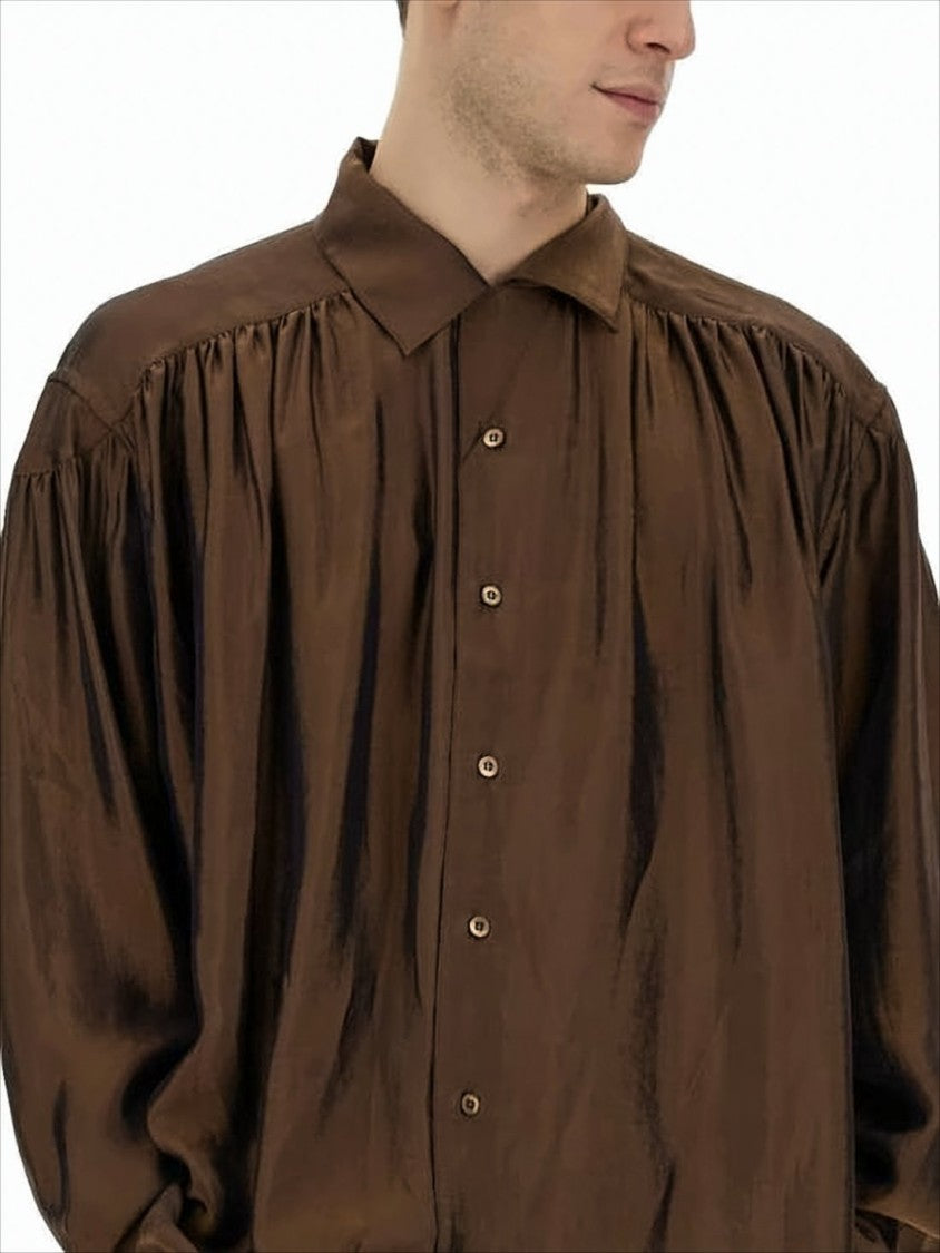 Aïe Long-Sleeve Brown Shirt With Gathered Shoulder Details
