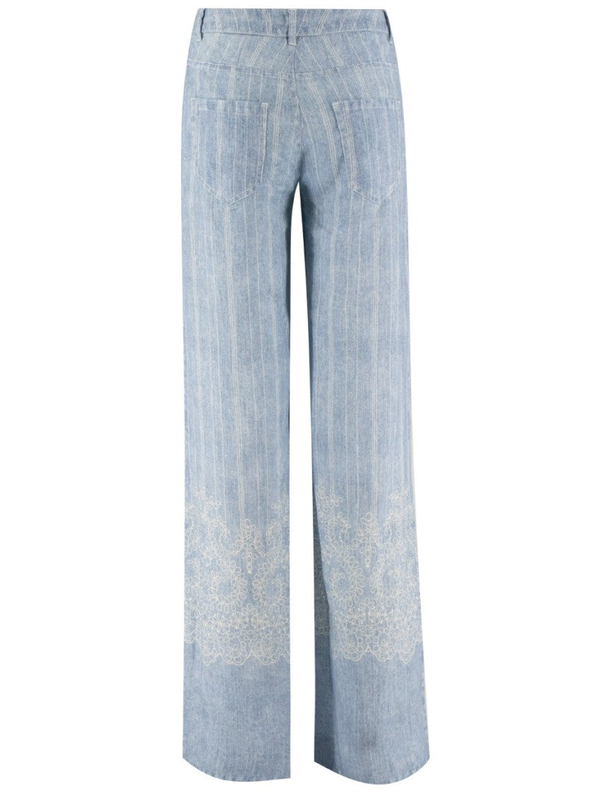 Ermanno Firenze Striped Linen Trousers With Lace Hem