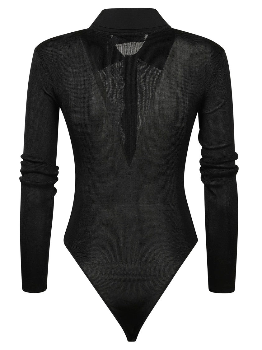 Self-Portrait Fitted Black Top With Deep V-Neckline And Sheer Detailing