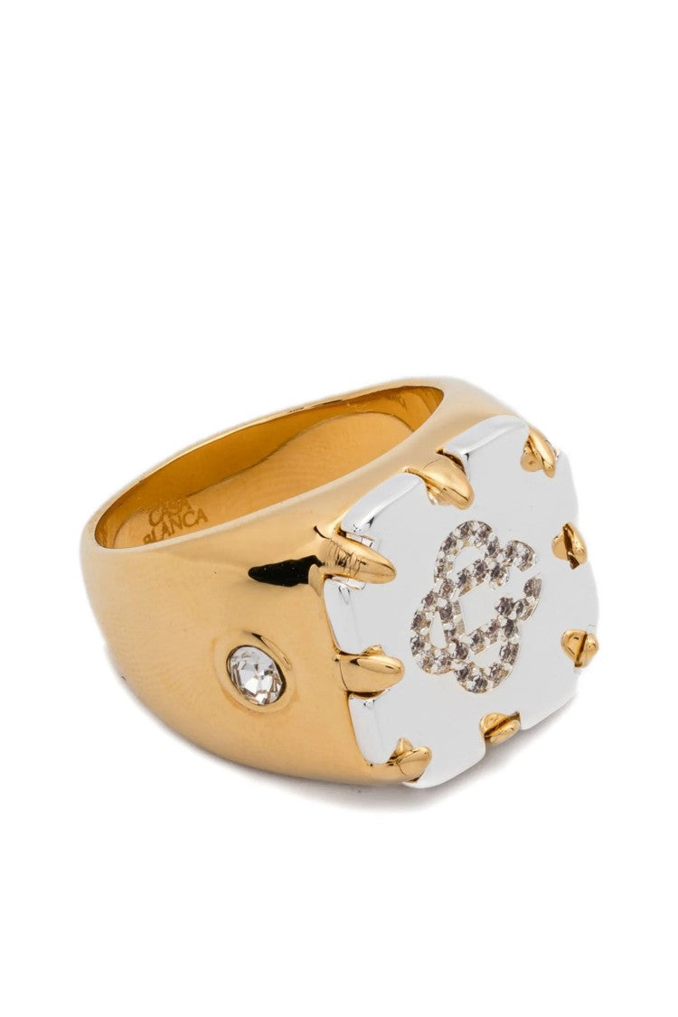 Casablanca Gold-Plated Brass Signet Ring With Rhinestone-Embellished Cc Logo