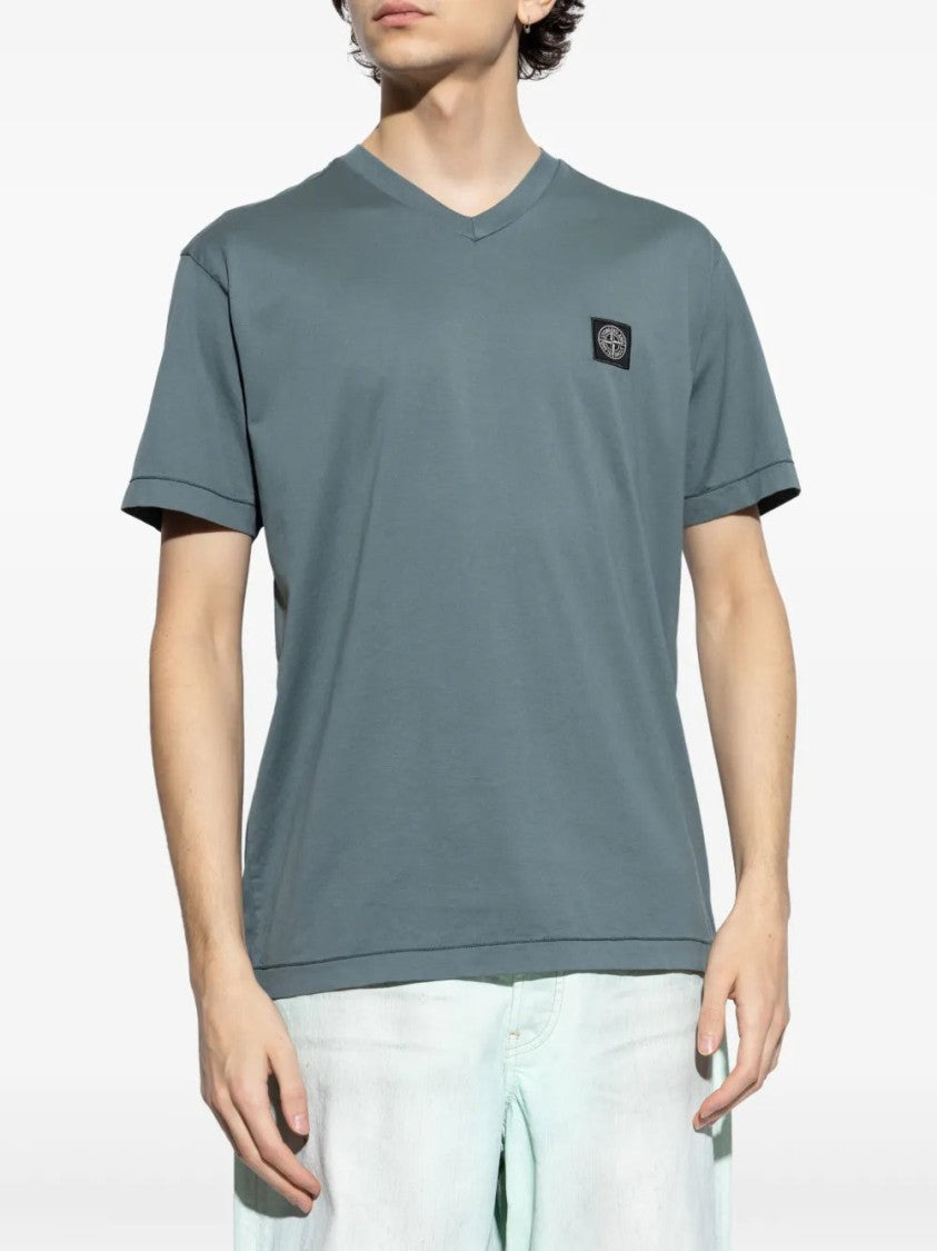 Stone Island V-Neck T-Shirt With Logo Patch