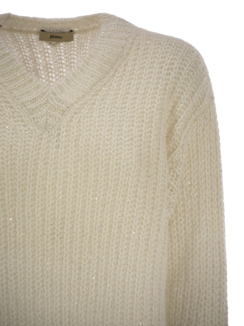 Herno V-Neck Sweater With Openwork Stitch