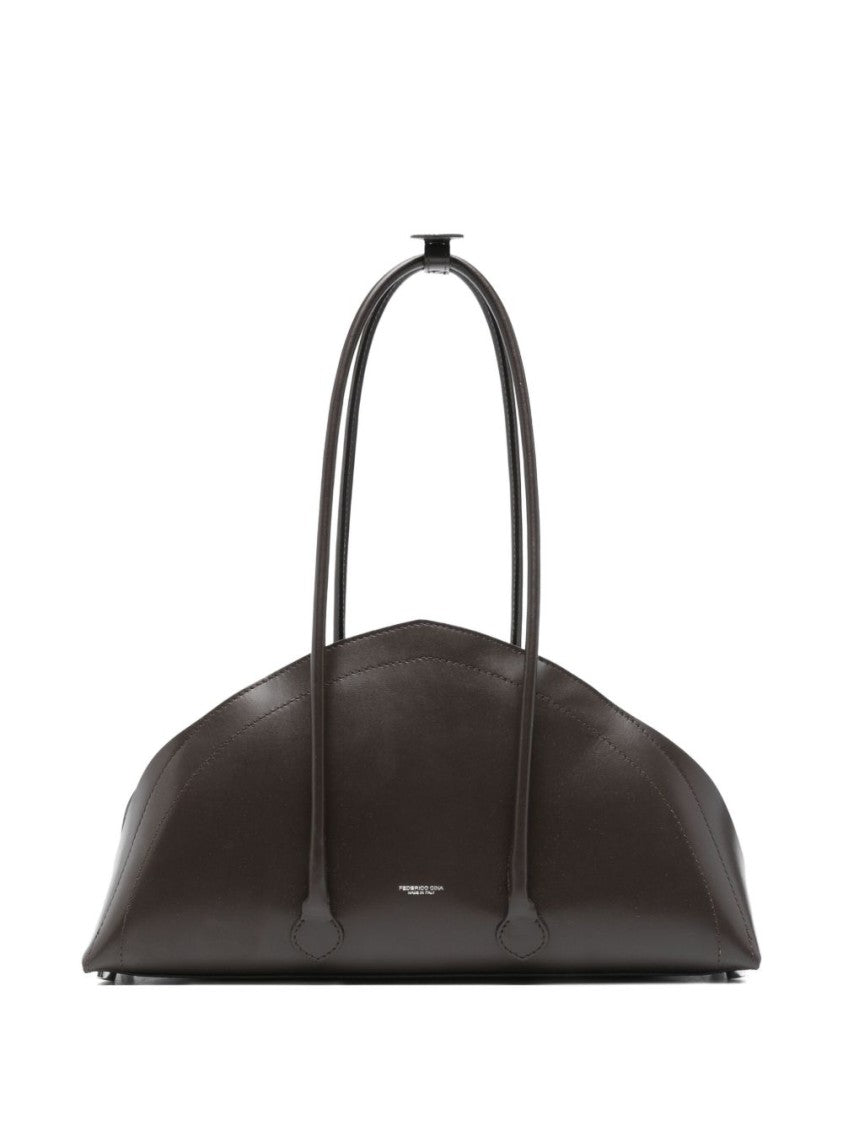 Federico Cina Curved Brown Leather Handbag With Elongated Handles