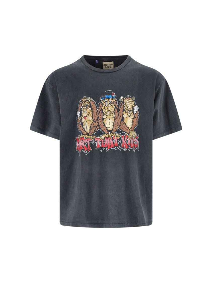 Gallery Dept. Worn Grey Cotton T-Shirt With Cartoon Graphic And Logo