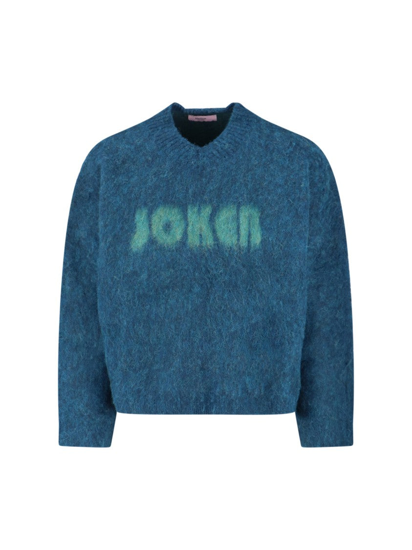 Martine Rose V-Neck Mohair Sweater With Ribbed Trims And Prominent Logo