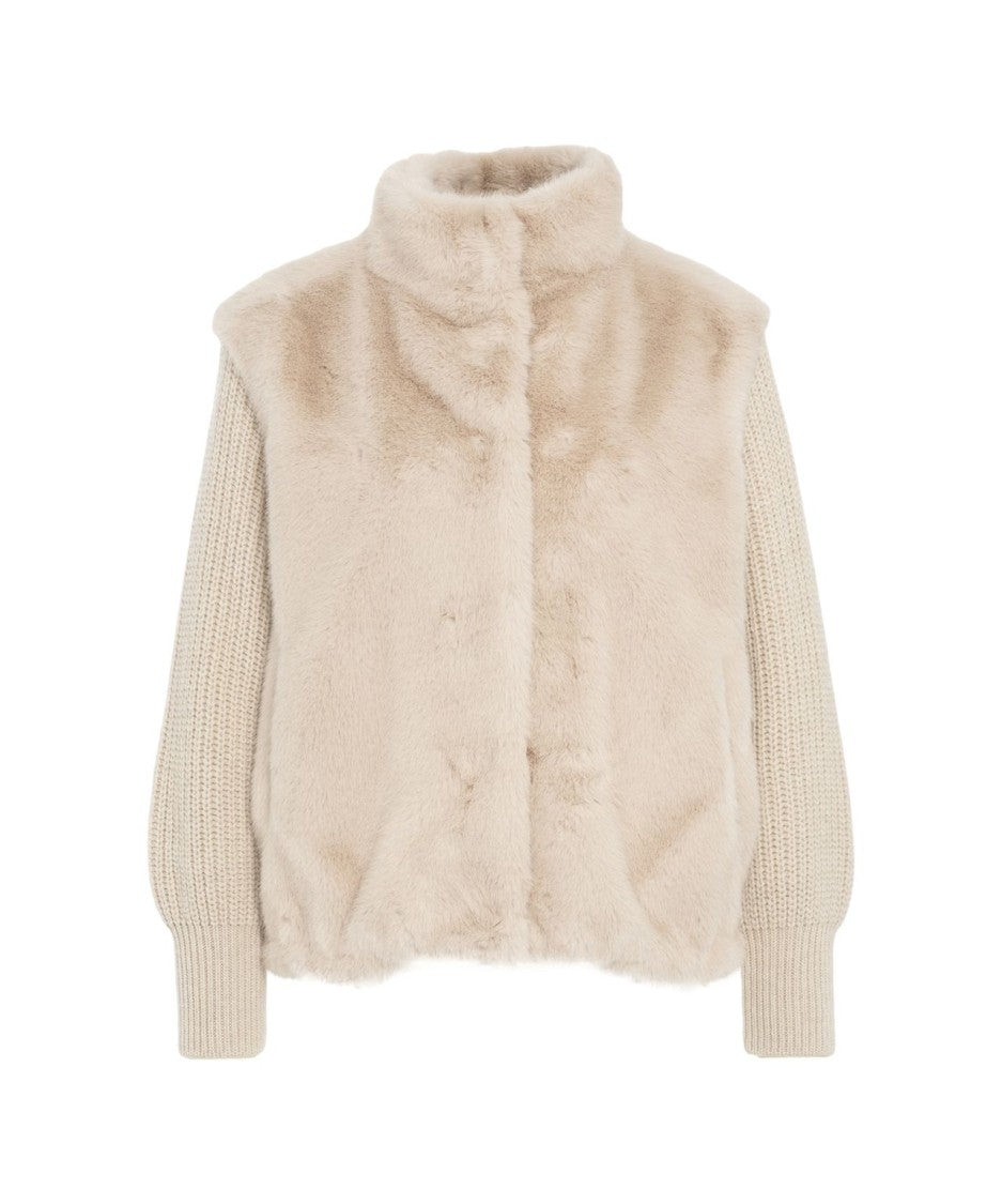 Herno Faux Fur Jacket With Ribbed Knit Sleeves And High Collar