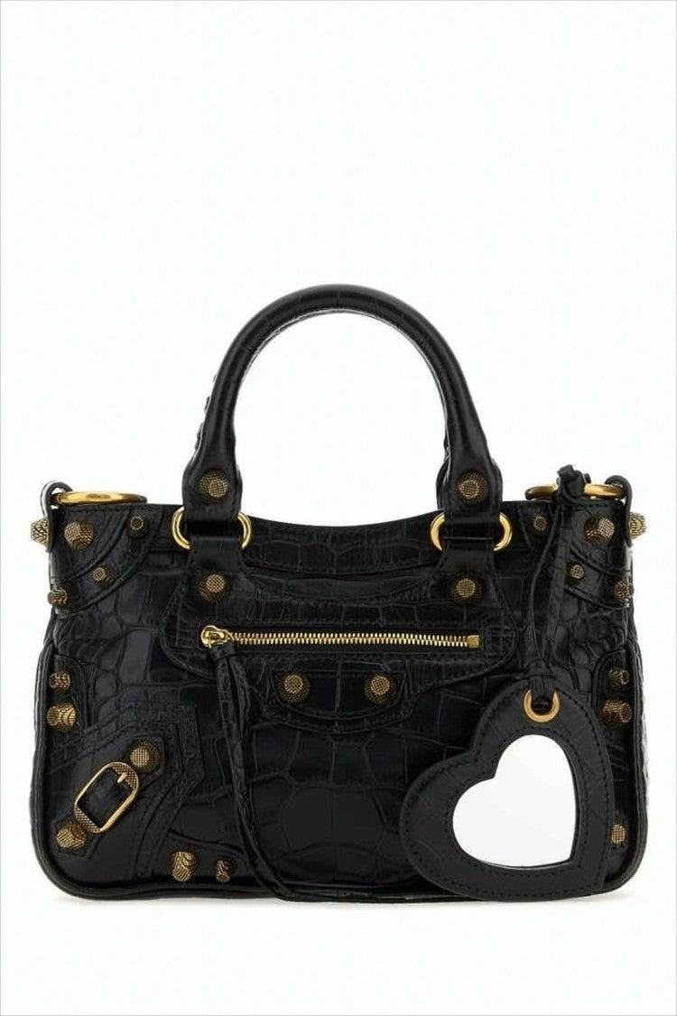 Balenciaga Structured Black Crocodile-Texture Shoulder Bag