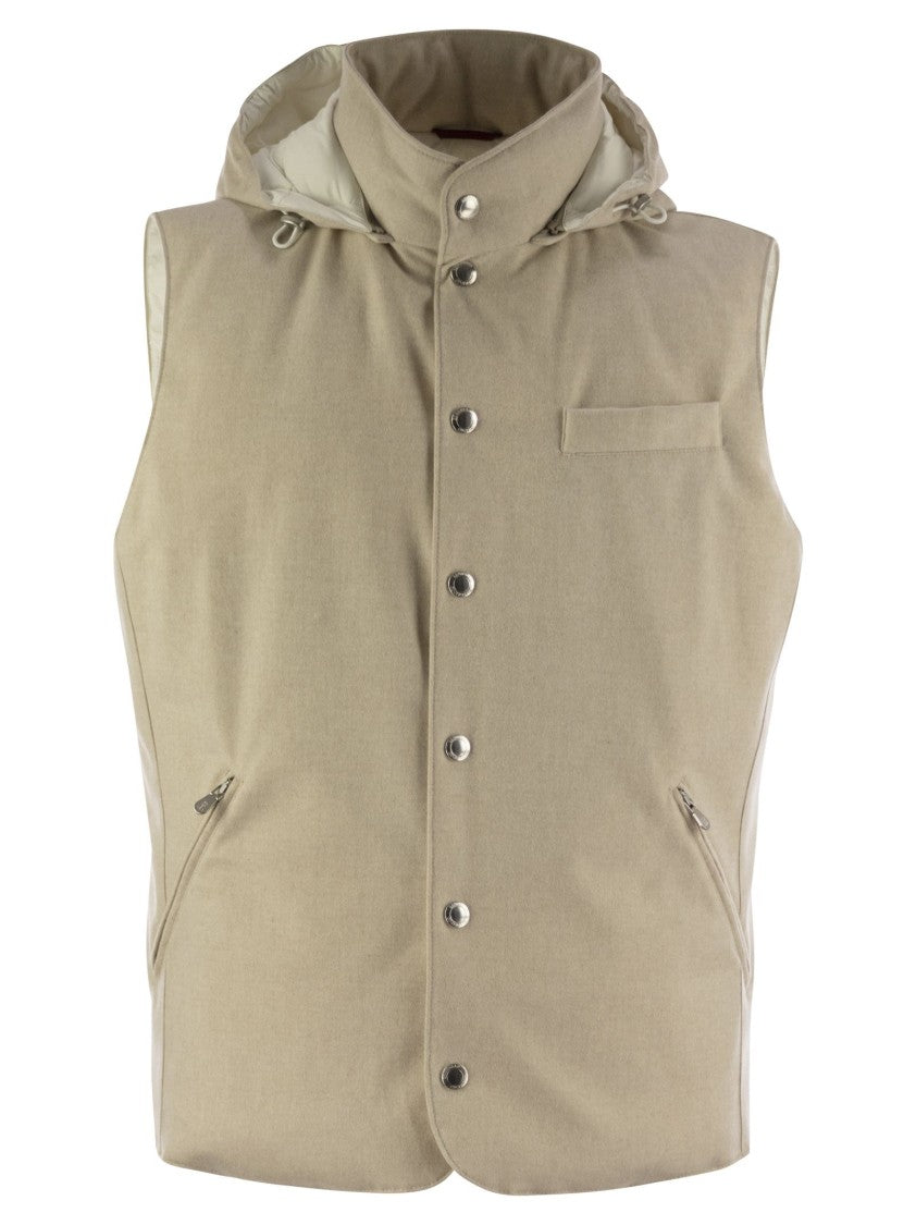 Brunello Cucinelli Sleeveless Down Jacket In Membraned Wool Flannel