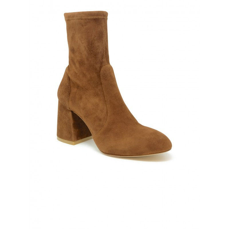 Stuart Weitzman Coffee Suede Flareblock 85 Stretch Bootie