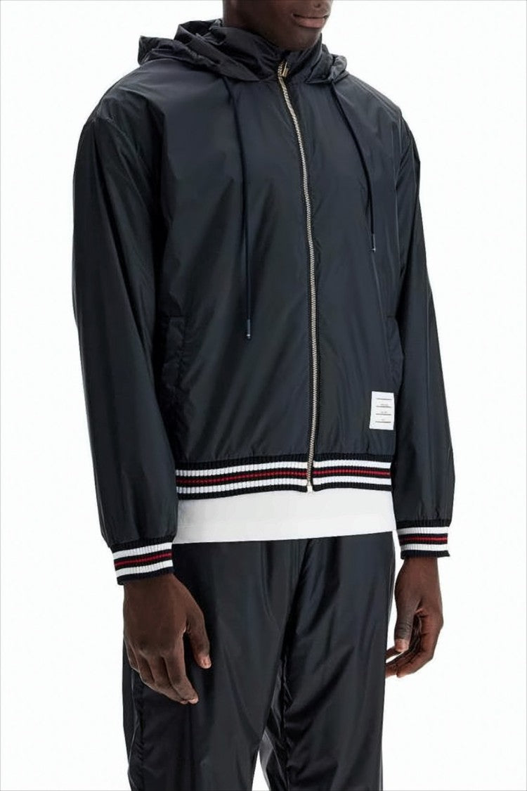 Thom Browne Lightweight Nylon Jacket With Hood And Striped Detailing