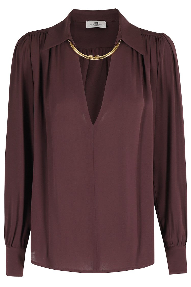 Elisabetta Franchi Long-Sleeve V-Neck Blouse With Logo Necklace