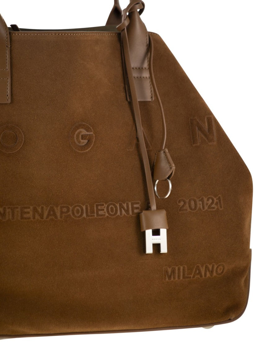 Hogan Medium Script Shopping Bag In Suede
