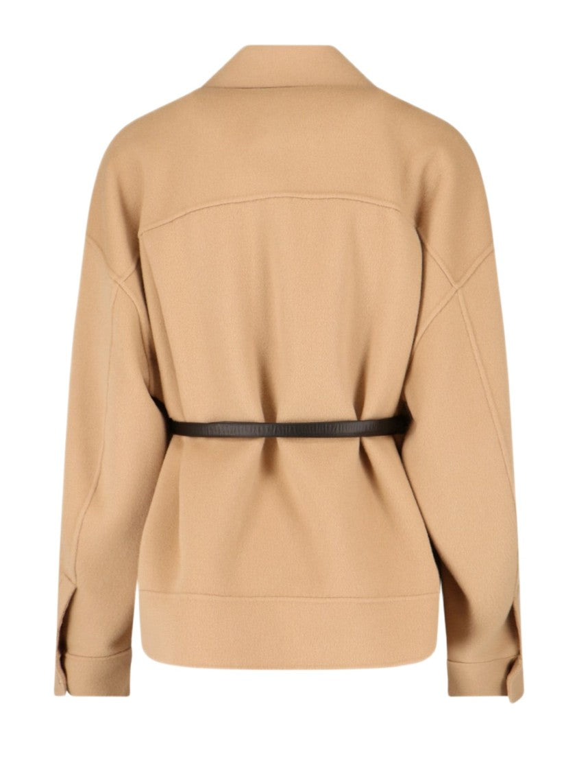Sportmax Brown Draped Wool Caban With Hidden Zip Closure And Leather Belt