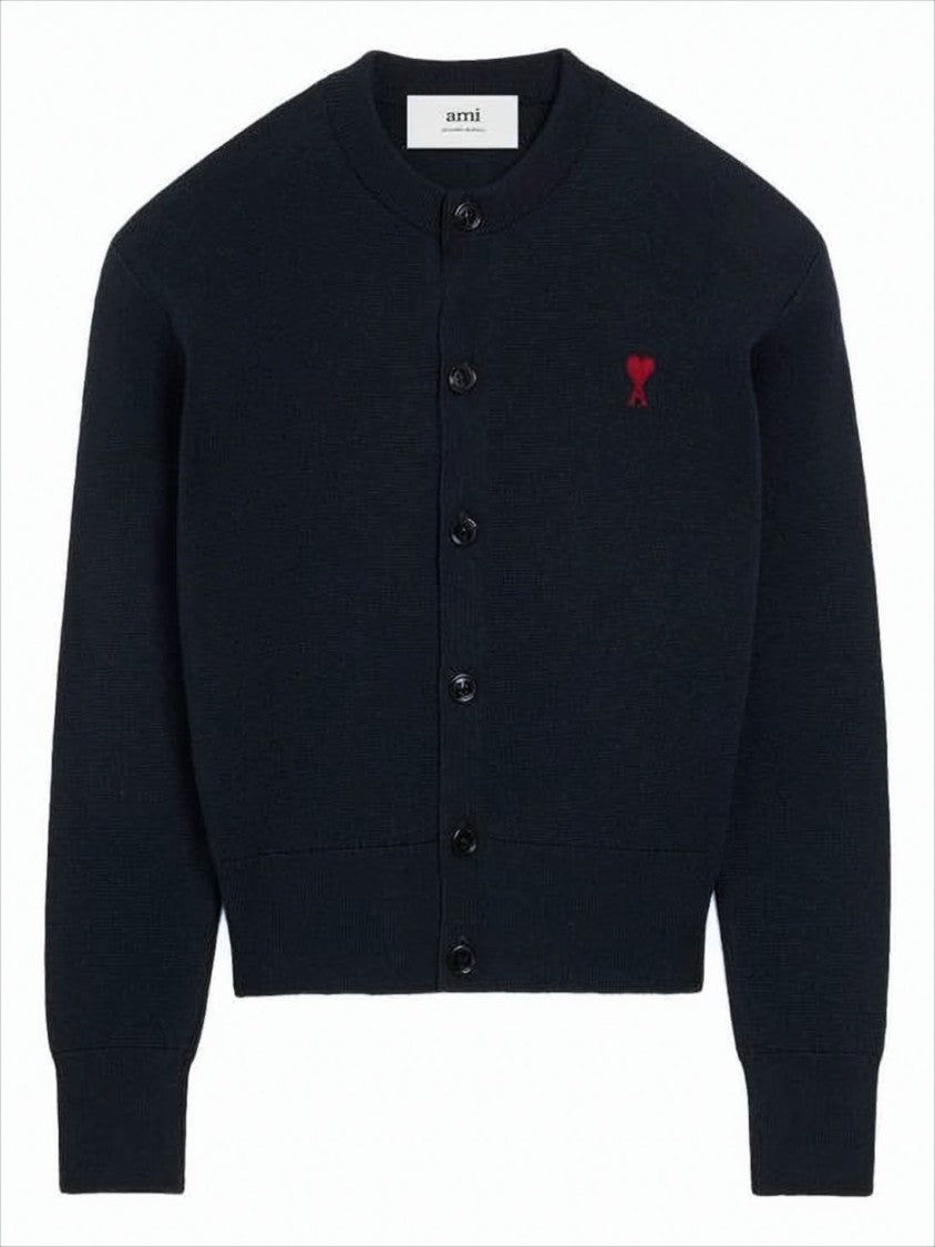 Ami Cropped Wool Cardigan With Embroidered Heart Detail