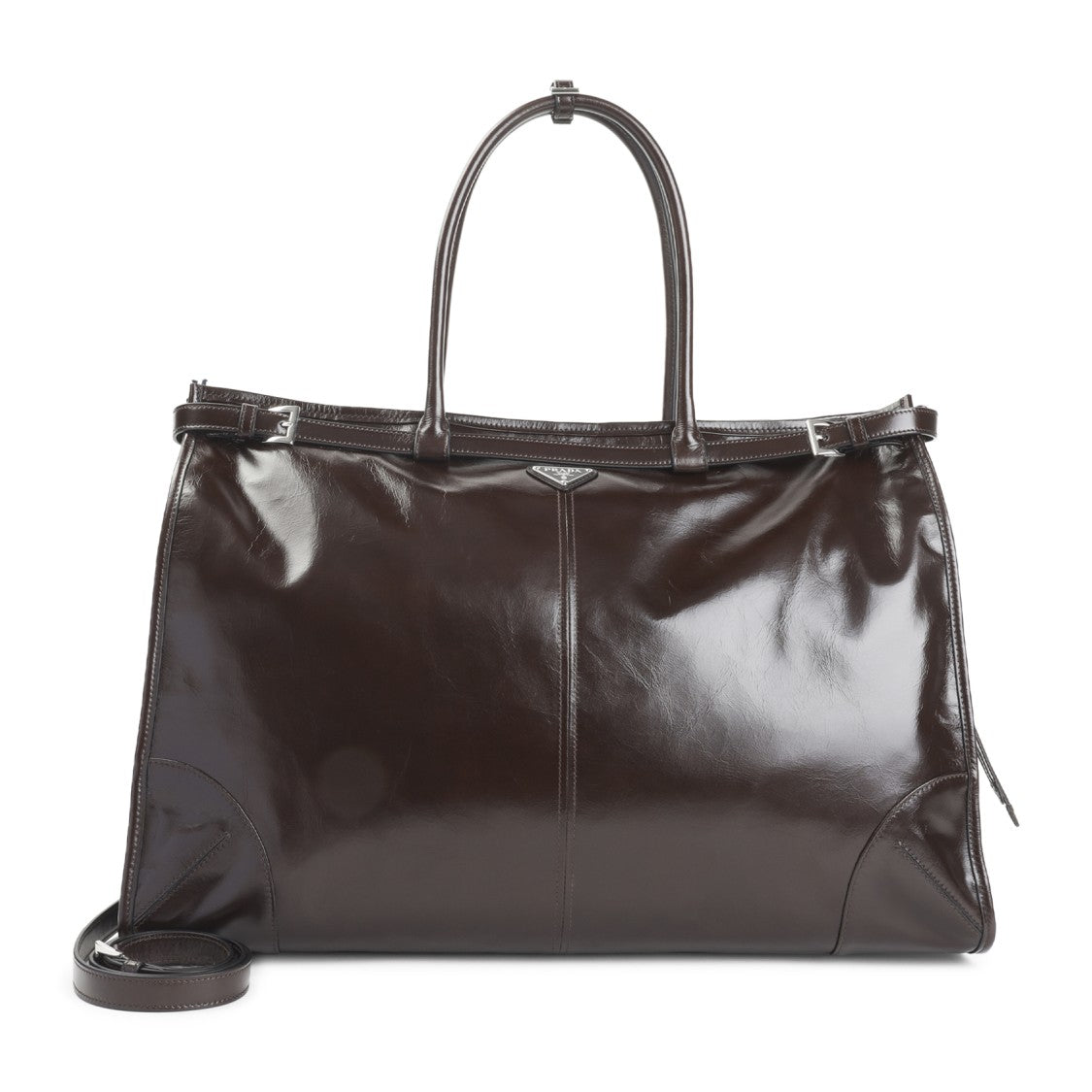 Prada Glossy Calf Leather Tote Bag With Design
