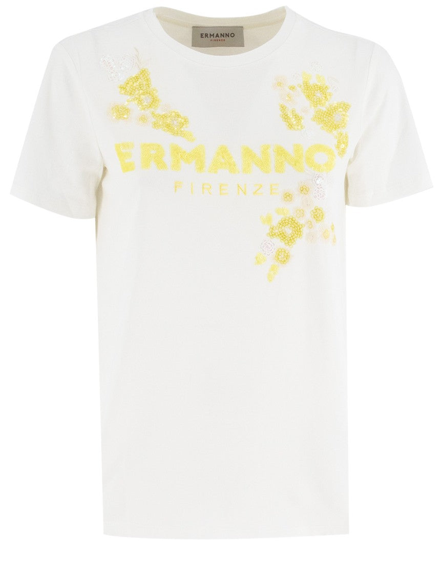 Ermanno Firenze Floral-Embellished Regular Fit T-Shirt