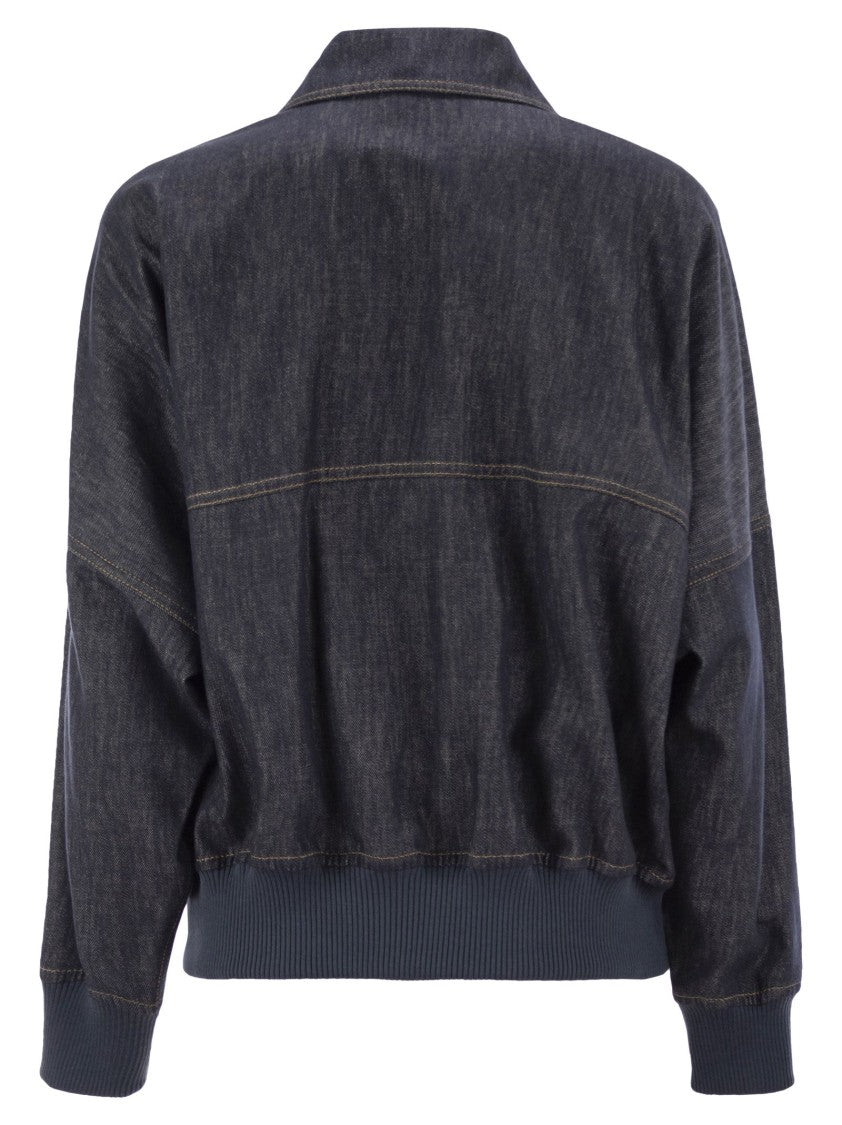Brunello Cucinelli Denim-Effect Twill Bomber Jacket With Shiny Zip